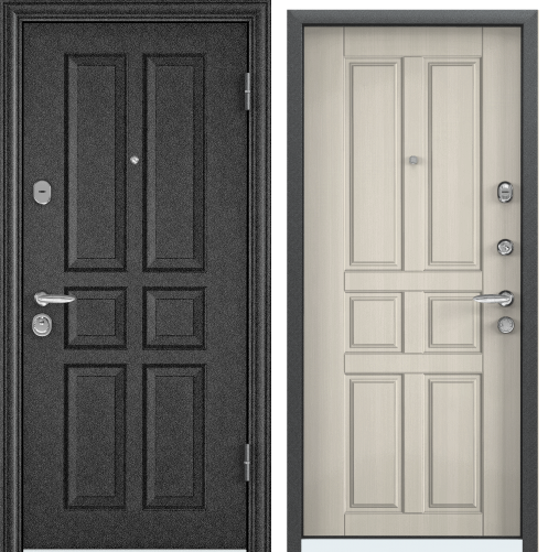 Дверь SUPER  OMEGA 08  95 L лев. черный шелк, VDM-1.ПВХ БЕЛ перламутр , RS-8. хром накл.