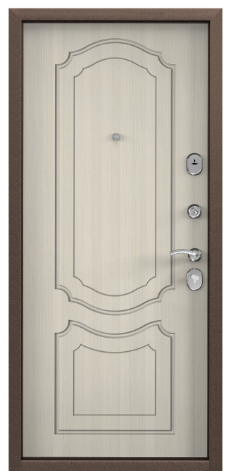 Дверь DELTA-M 10 (860, 2050, L, медь, RGSO, ПВХ БЕЛ перламутр, D1, хром, НАКЛ, -, -) (медь, Панель 1