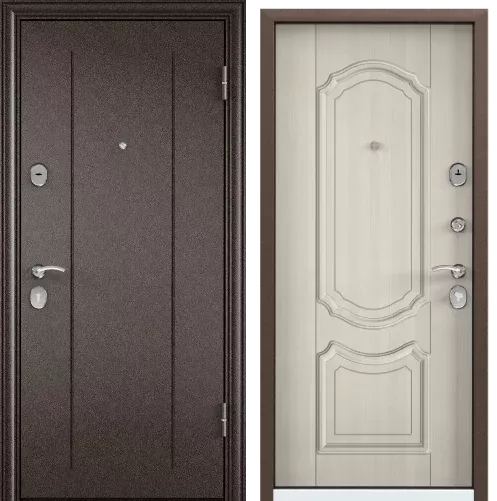 Дверь DELTA-M 10 (860, 2050, R, медь, RGSO, ПВХ БЕЛ перламутр, D1, хром, НАКЛ, -, -) (медь, Панель 1